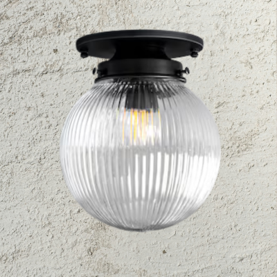 School House Ceiling Light, Flush Mount W/Clear Ribbed Glass Shade