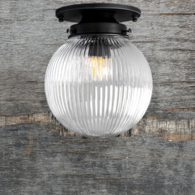 Seaside School House Ceiling Light, Flush Mount W/Clear Ribbed Glass Shade