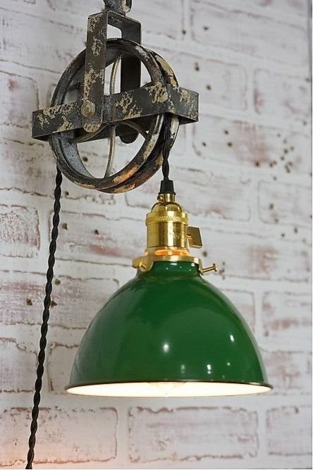 Vintage Style Wall Lamp, Green Lamp Shade W/Pully & 40" Cording