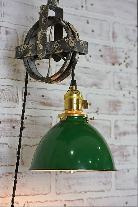 Vintage Style Wall Lamp, Green Lamp Shade W/Pully & 40" Cording
