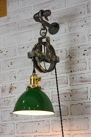 Vintage Style Wall Lamp, Green Lamp Shade W/Pully & 40" Cording